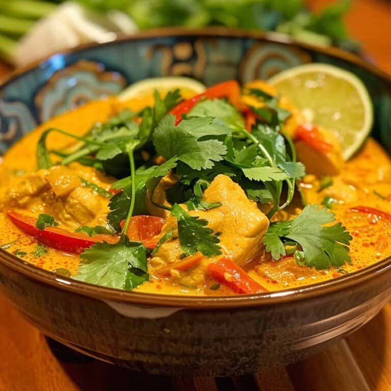 Close-up of Gaeng Garee (Yellow Curry) garnished with fresh cilantro.