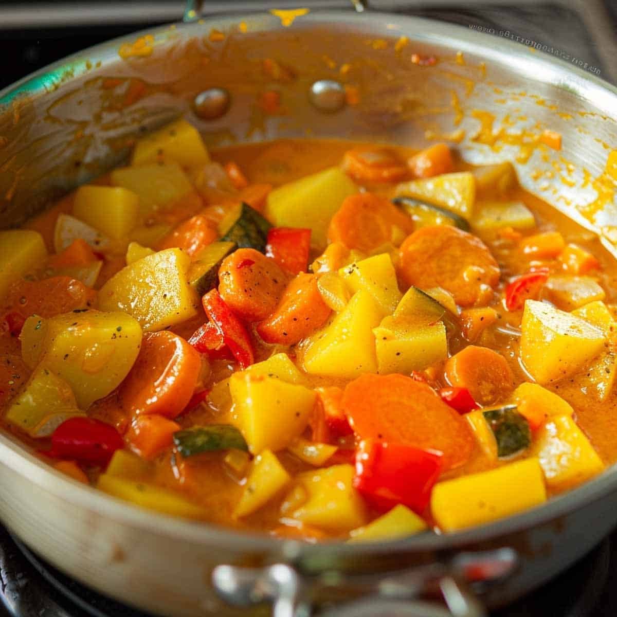 Diced potatoes, sliced carrots, and red bell peppers being added to a pot and stirred into the curry mixture