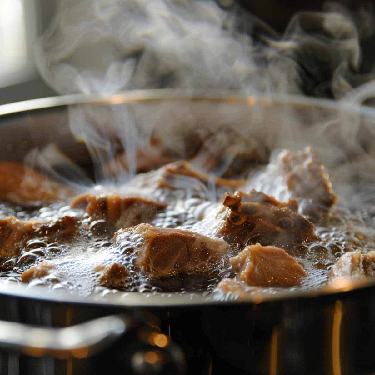 Pork riblets boiling in a pot