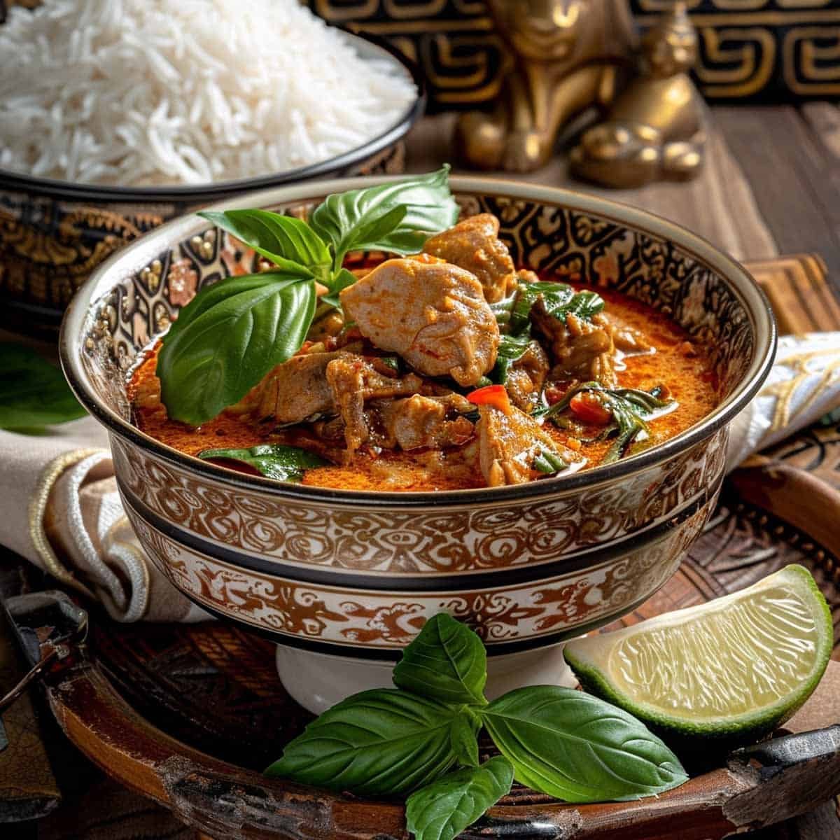  Bowl of Thai Red Curry (Gaeng Phed) garnished with fresh basil leaves and a wedge of lime on the side