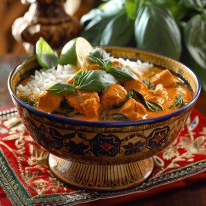 Bowl of red curry garnished with fresh basil leaves and a wedge of lime on the side