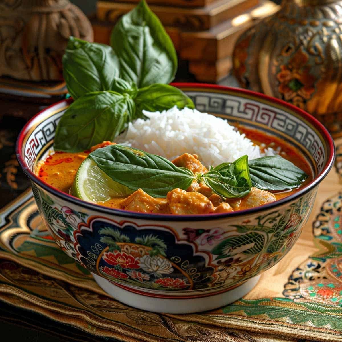 Bowl of Thai Red Curry (Gaeng Phed) garnished with fresh basil leaves and a clice of lime on the side