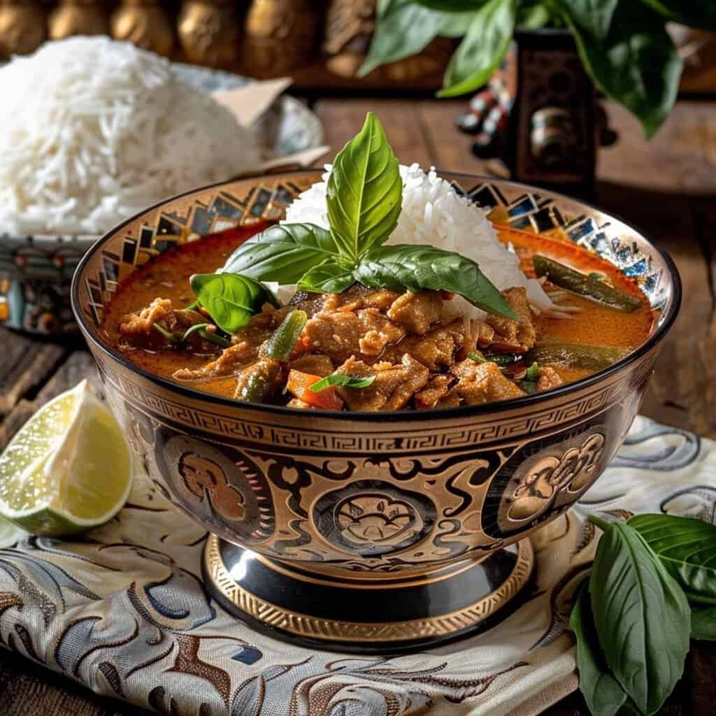 Bowl of Red Curry (Gaeng Phed) with vibrant sauce, tender chicken, vegetables, garnished with fresh basil leaves and a lime slice."