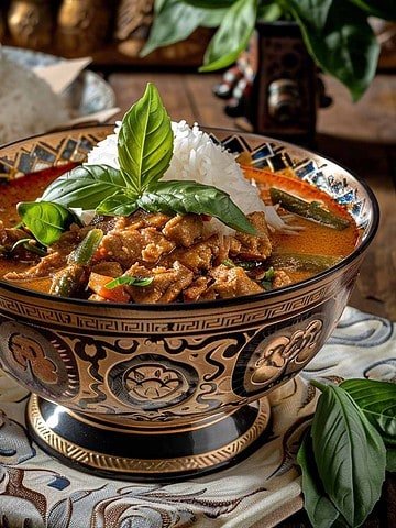 Bowl of Red Curry (Gaeng Phed) with vibrant sauce, tender chicken, vegetables, garnished with fresh basil leaves and a lime slice."