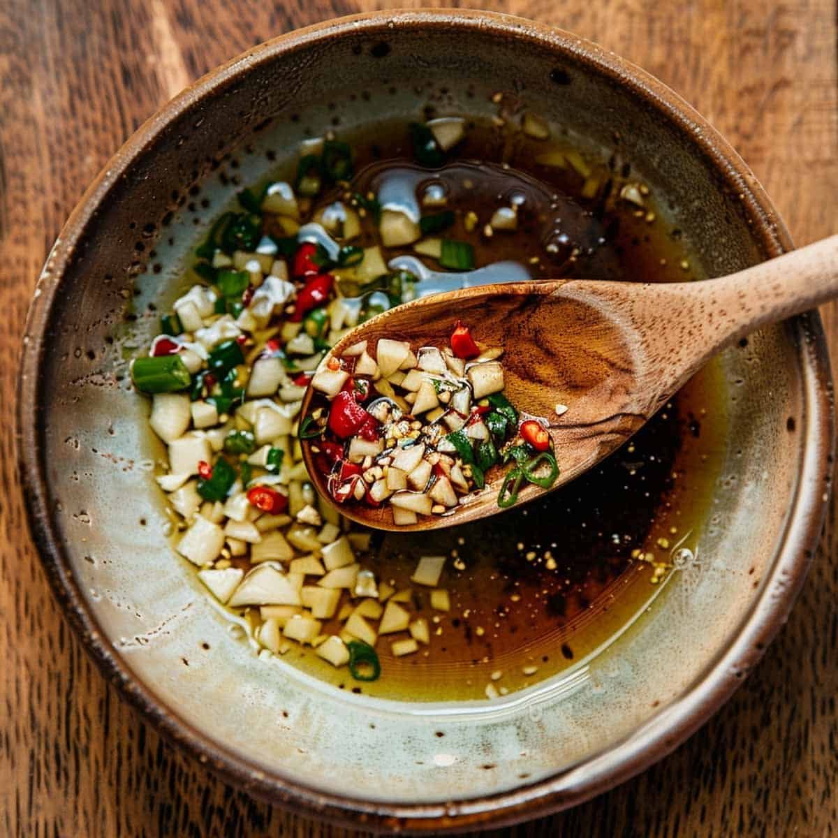 A bowl of salad dressing being mixed, with visible ingredients like lime juice, fish sauce, garlic, and chilies