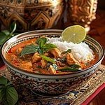 "Bowl of Panang Curry with white rice, garnished with fresh basil leaves."