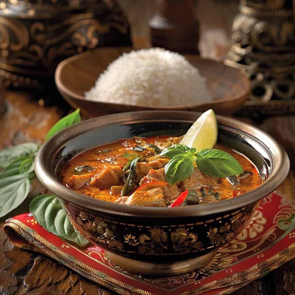 Panang Curry served in a bowl with steamed rice, garnished with fresh basil leaves.
