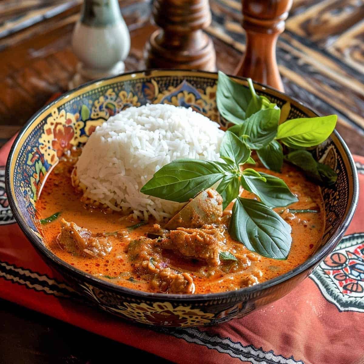 Panang Curry in a bowl with steamed rice, garnished with fresh basil leaves.