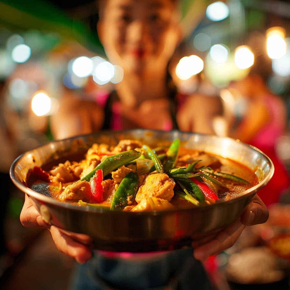 thai woman serving a steaming bowl of Panang curry at a bustling night market