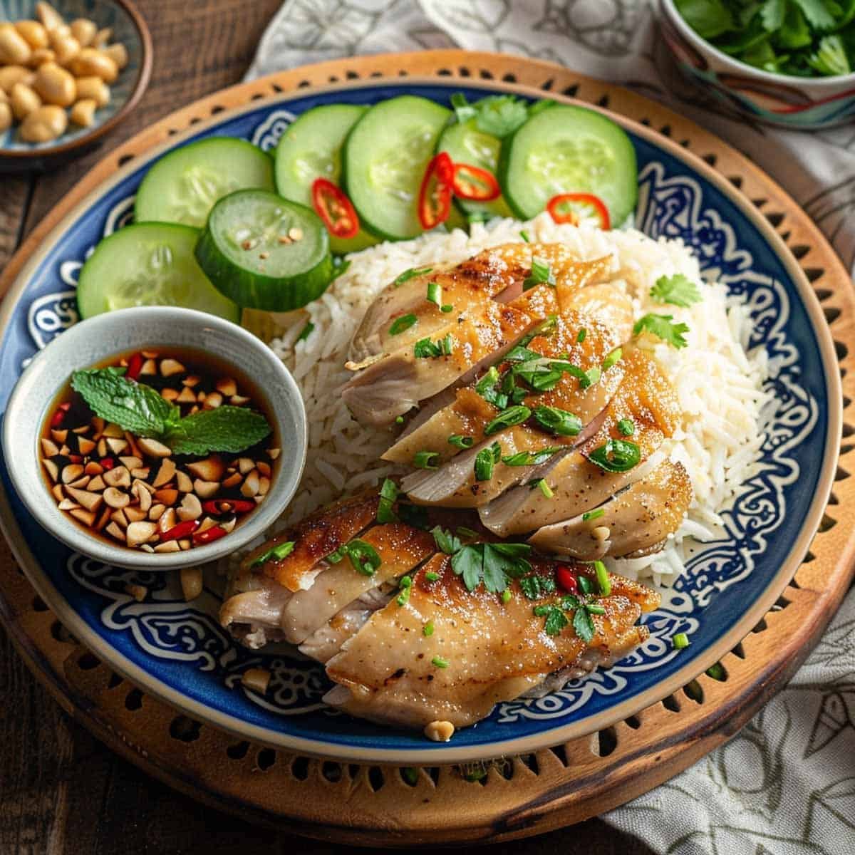 Plate of Khao Man Gai, Thai-style chicken and rice.