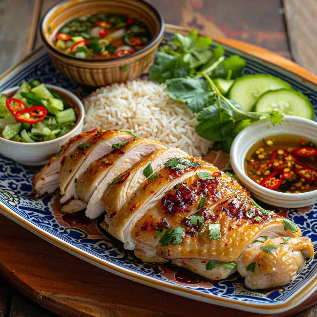Plate of Khao Man Gai, Thai-style chicken and rice topped with a side of cucumber salad and served with a savory sauce.
