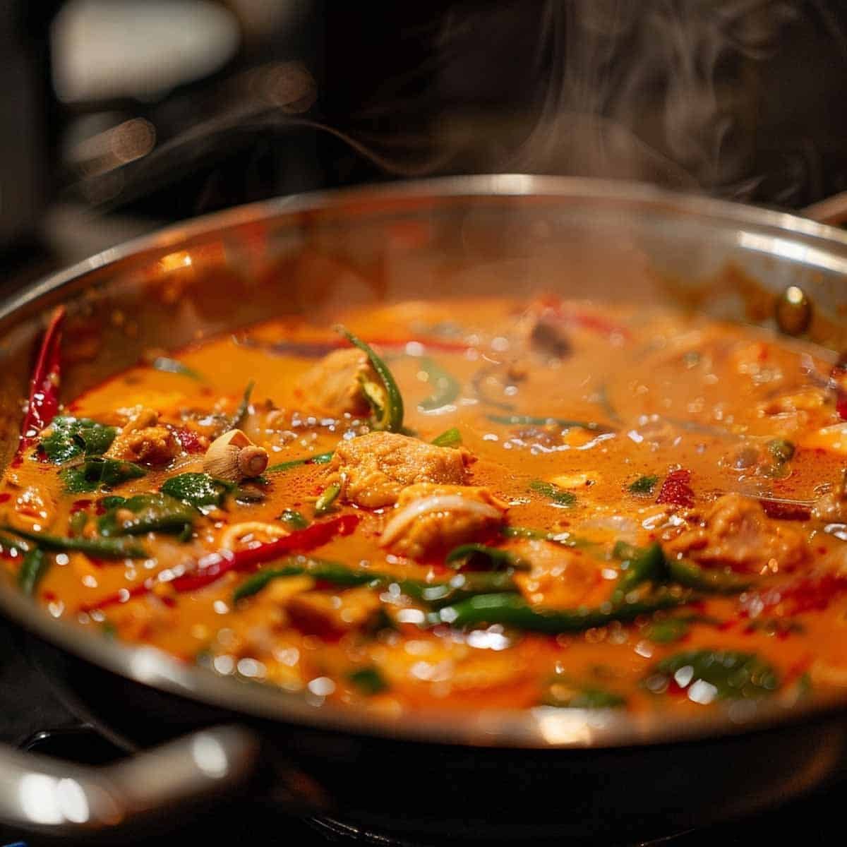 Red curry simmering in a pot, with rich, vibrant red sauce and fragrant steam rising