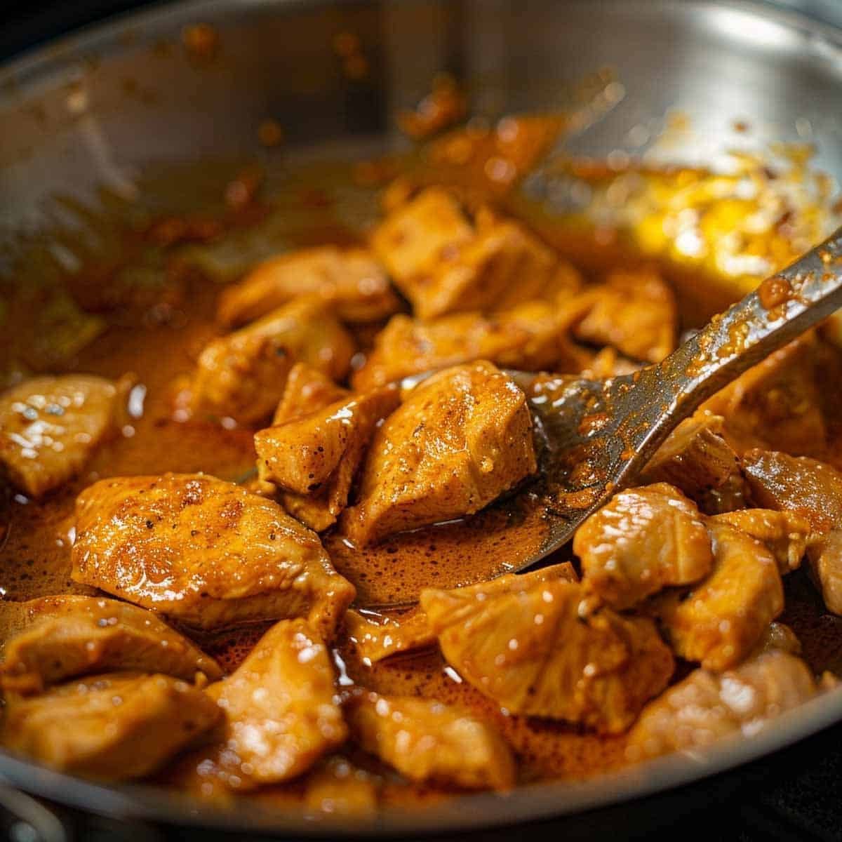 Chicken cooking in red curry in a saucepan, with vibrant red sauce and aromatic steam rising.