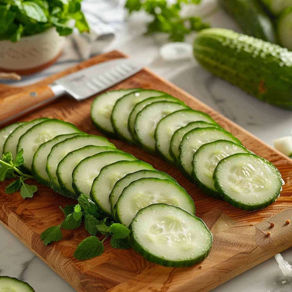 Slicing cucumbers into thin rounds on a cutting board.