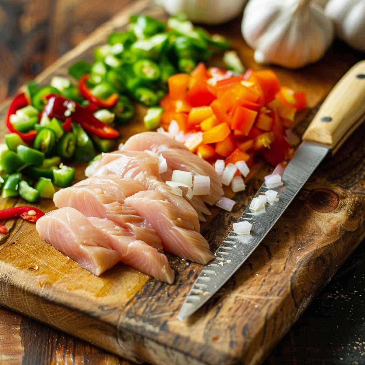 Cutting chicken for Pad Krapow Gai: finely chopping chicken breast on a wooden cutting board with garlic and chili nearby