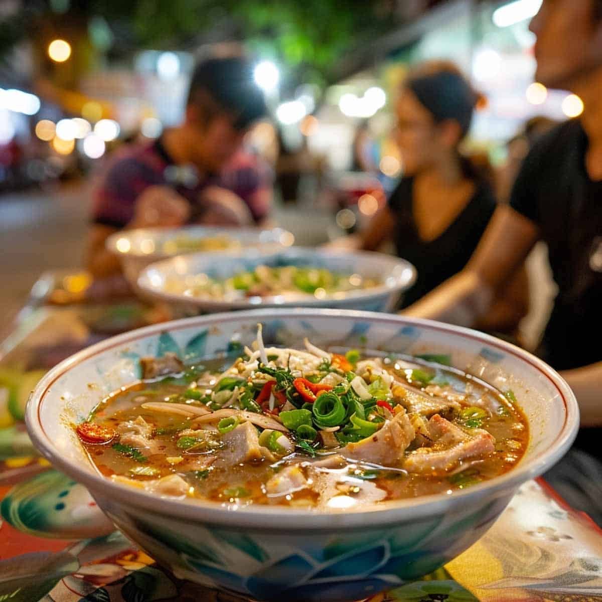 Bowls of Tom Saap (Thai Pork Rib Soup) served at a Thai night market