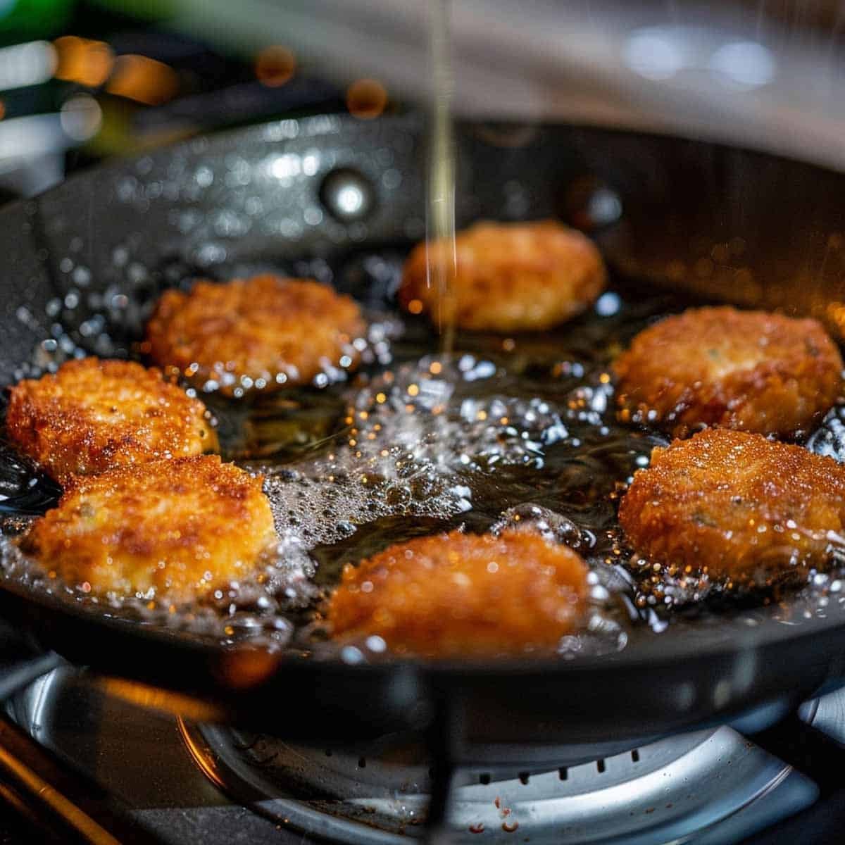 Frying fish cakes in a skillet, golden and sizzling