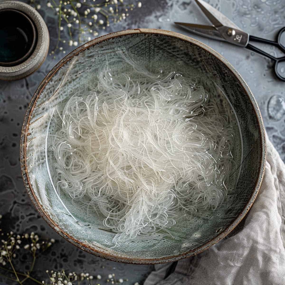 Glass noodles soaking in a bowl of warm water, softening for a tasty recipe