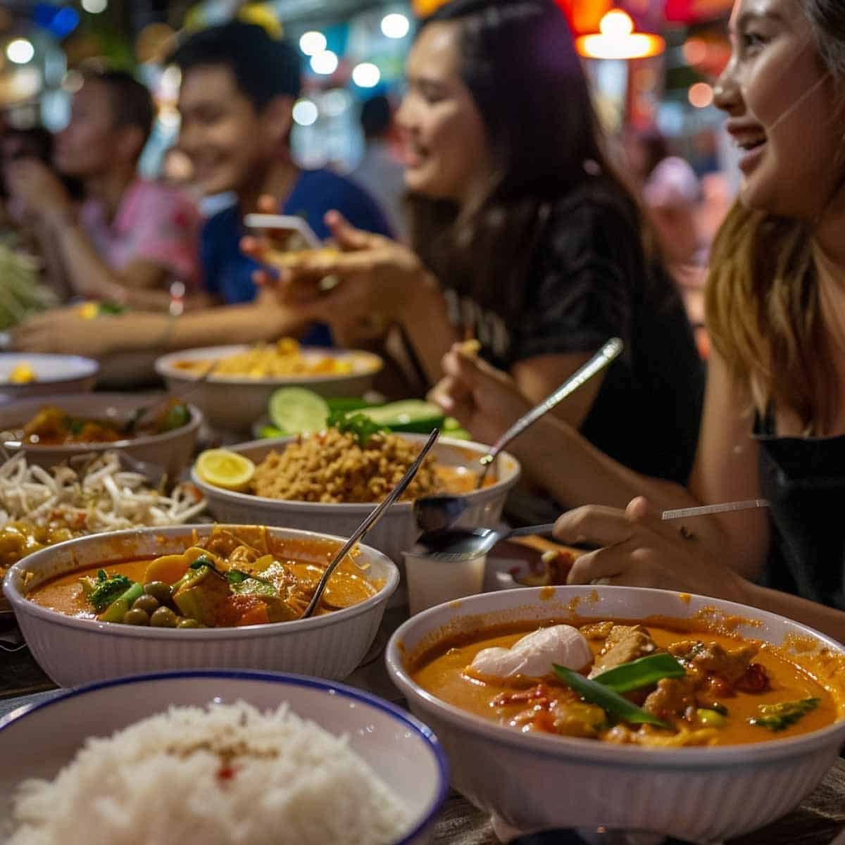 A group of friends enjoying Panang Curry at a bustling Thai night market, illuminated by vibrant street lights and food stalls."
