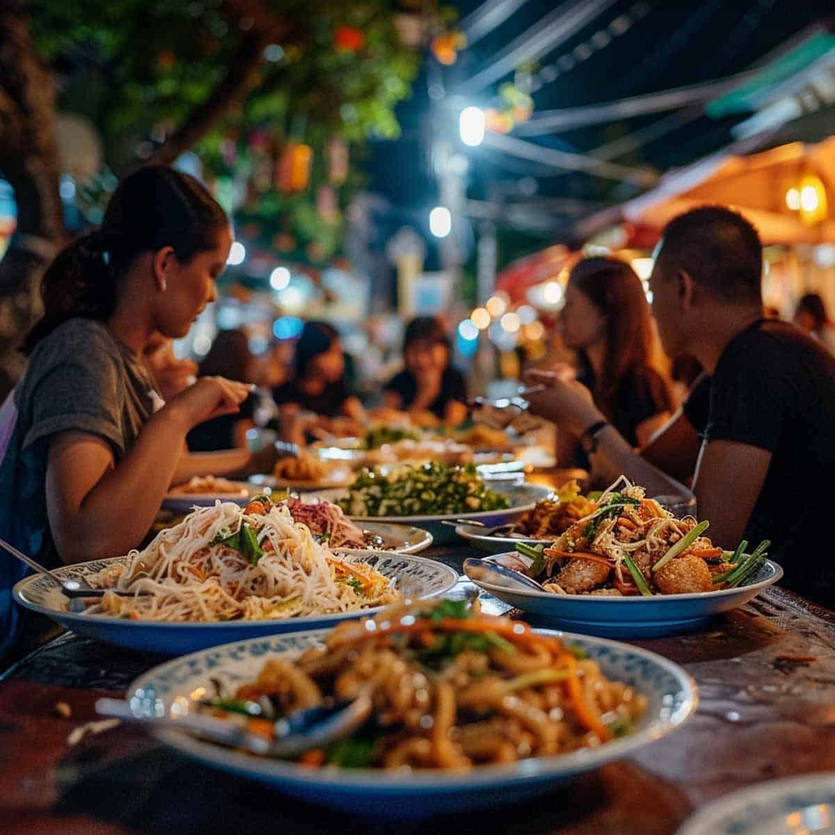 Group of friends eating and laughing at a Thai night market, with a backdrop of bustling food stalls and bright lights.