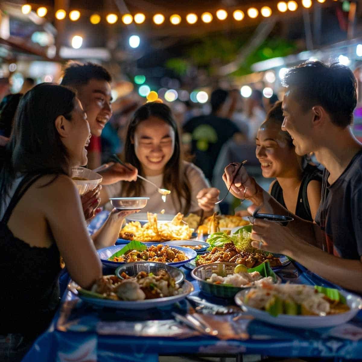 Group of friends enjoying Khao Man Gai, Thai-style chicken and rice at a bustling Thai night market."