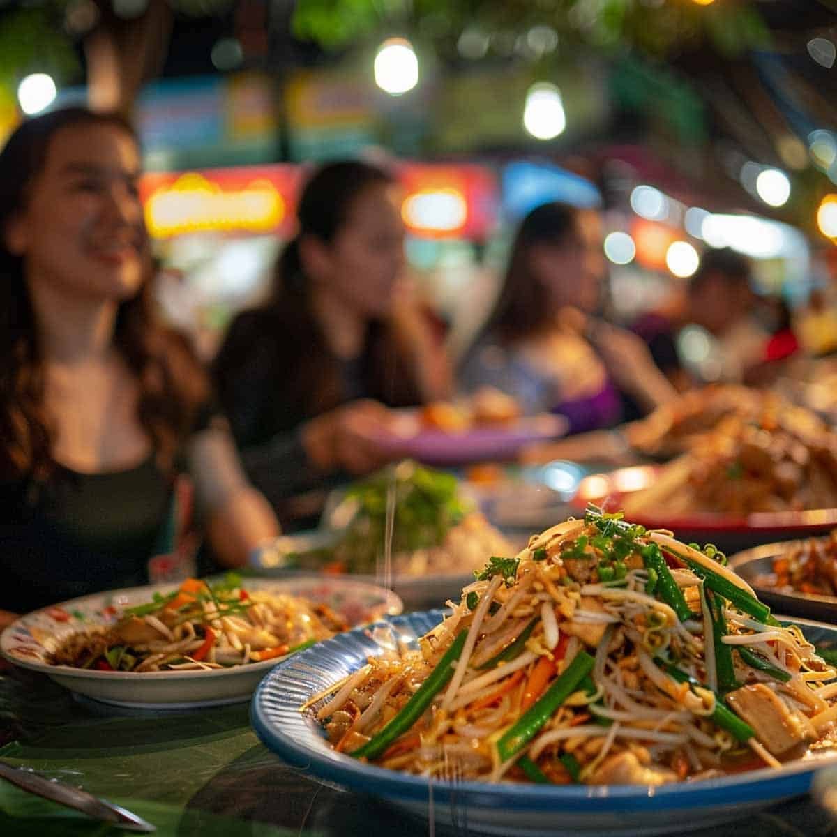 Group of friends enjoying Thai street food at a lively night market, surrounded by colorful stalls and lights.