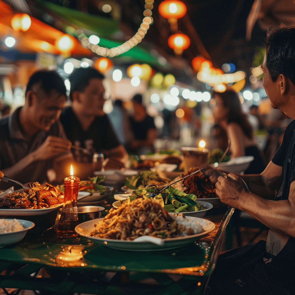 Group of friends sitting at a table in a Thai night market enjoying Moo Ping Thai grilled pork