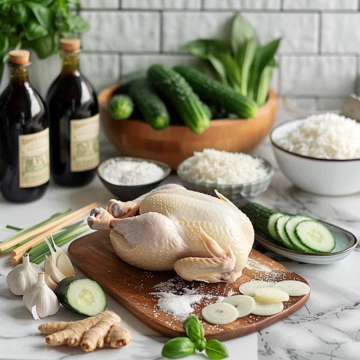 Whole chicken on a cutting board surrounded by ingredients for Khao Man Gai, including rice, cucumber, and sauces.