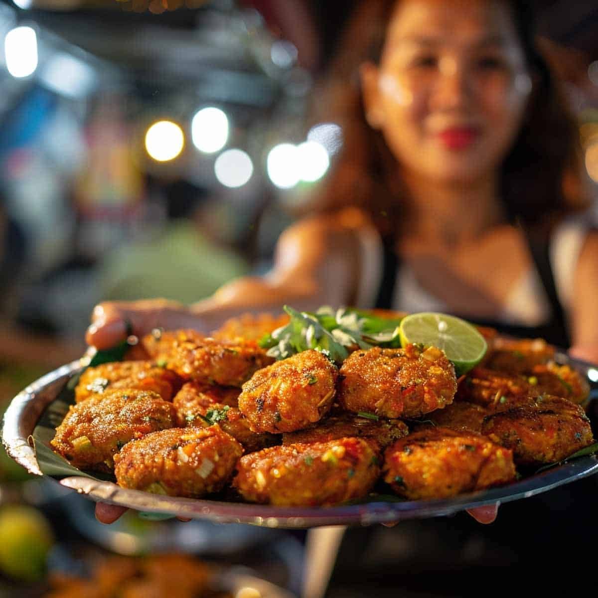 Woman serving a plate of Thai Fish Cakes (Tod Mun Pla) at a bustling night market