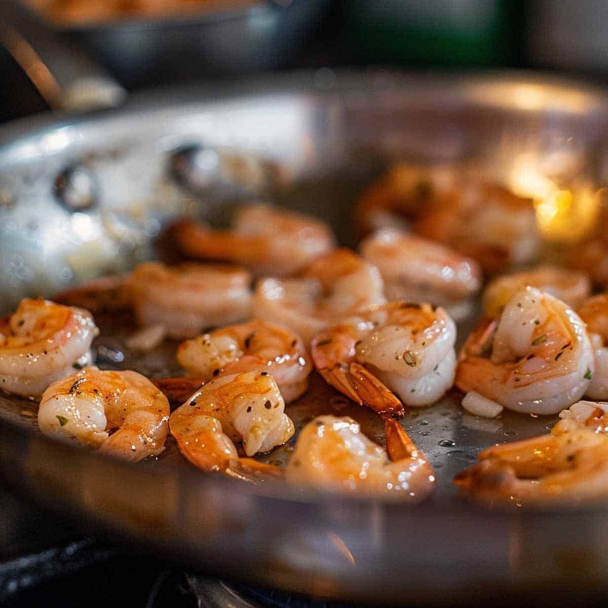 Sizzling shrimp in a pan, being sautéed to a perfect golden brown