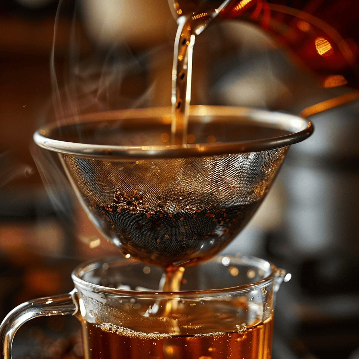 Straining tea through a sieve to remove tea leaves.