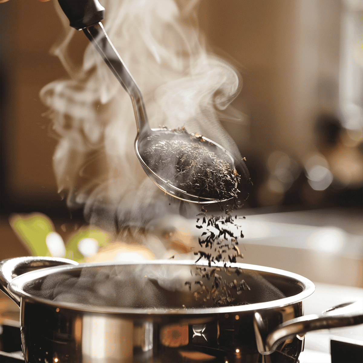 Adding ground tea leaves to boiling water.