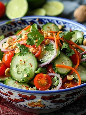 Bowl of Thai Cucumber Salad (Som Tum Tang) with cucumbers, tomatoes, peanuts, and chili, ready to serve