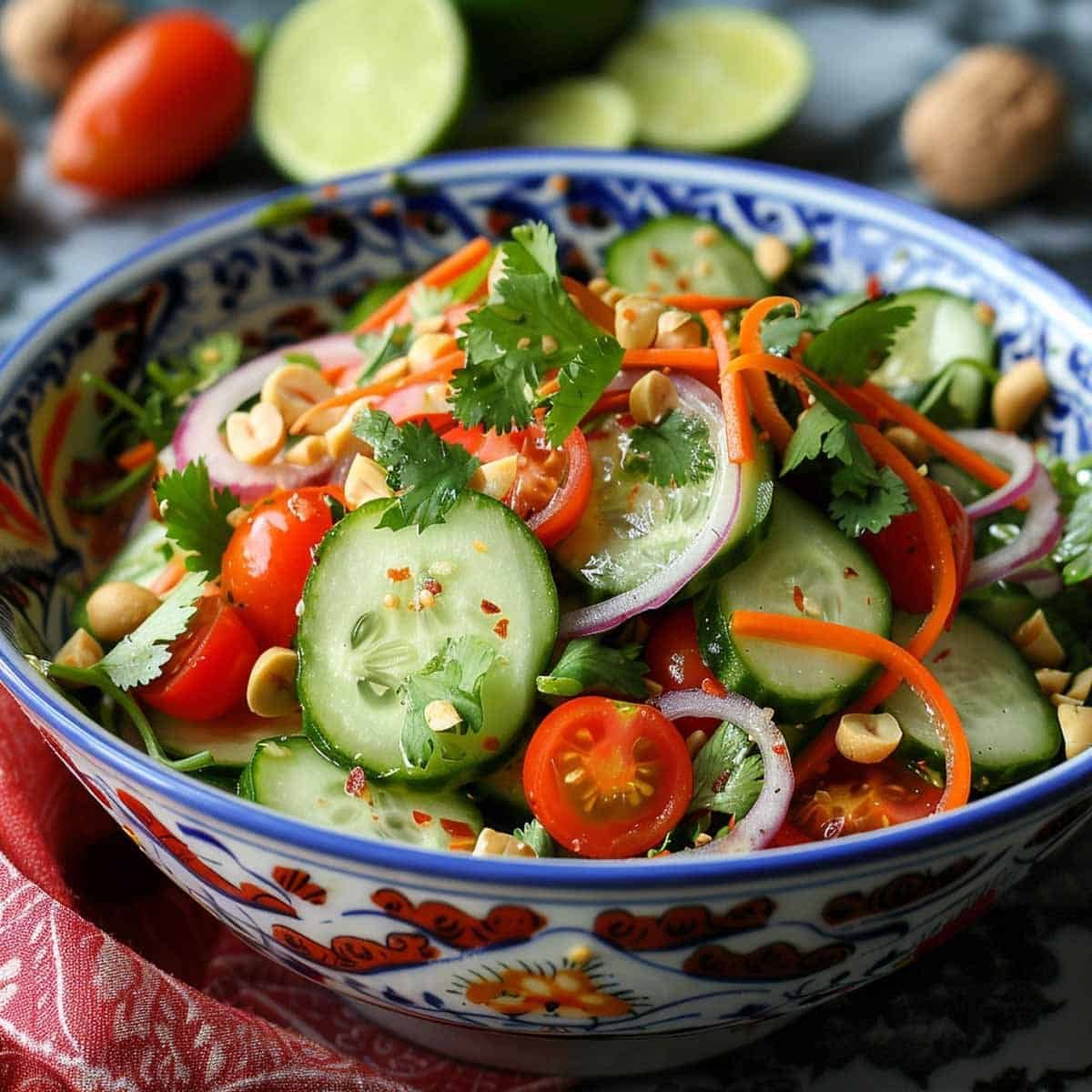Bowl of fresh Thai Cucumber Salad (Som Tum Tang), featuring cucumbers, tomatoes, peanuts, and chili
