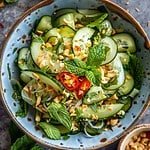 Bowl of Thai Cucumber Salad (Som Tum Tang) with cucumbers, tomatoes, peanuts, and chili, ready to serve