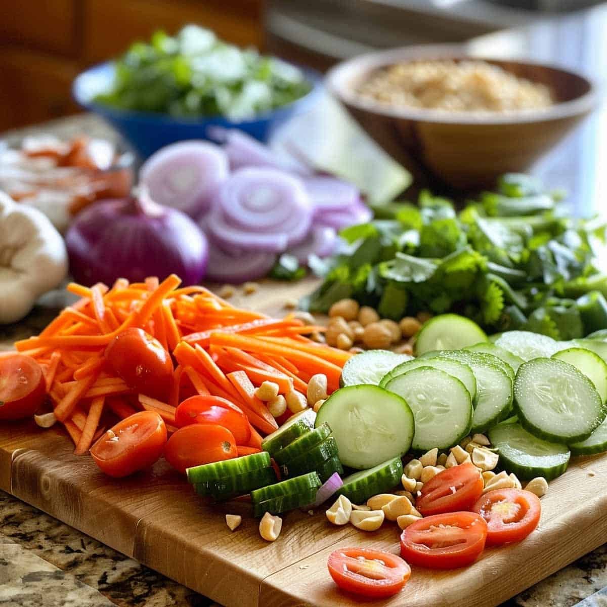 Freshly cut ingredients for Thai Cucumber Salad on a wooden cutting board: cucumbers, tomatoes, chilies, and peanuts