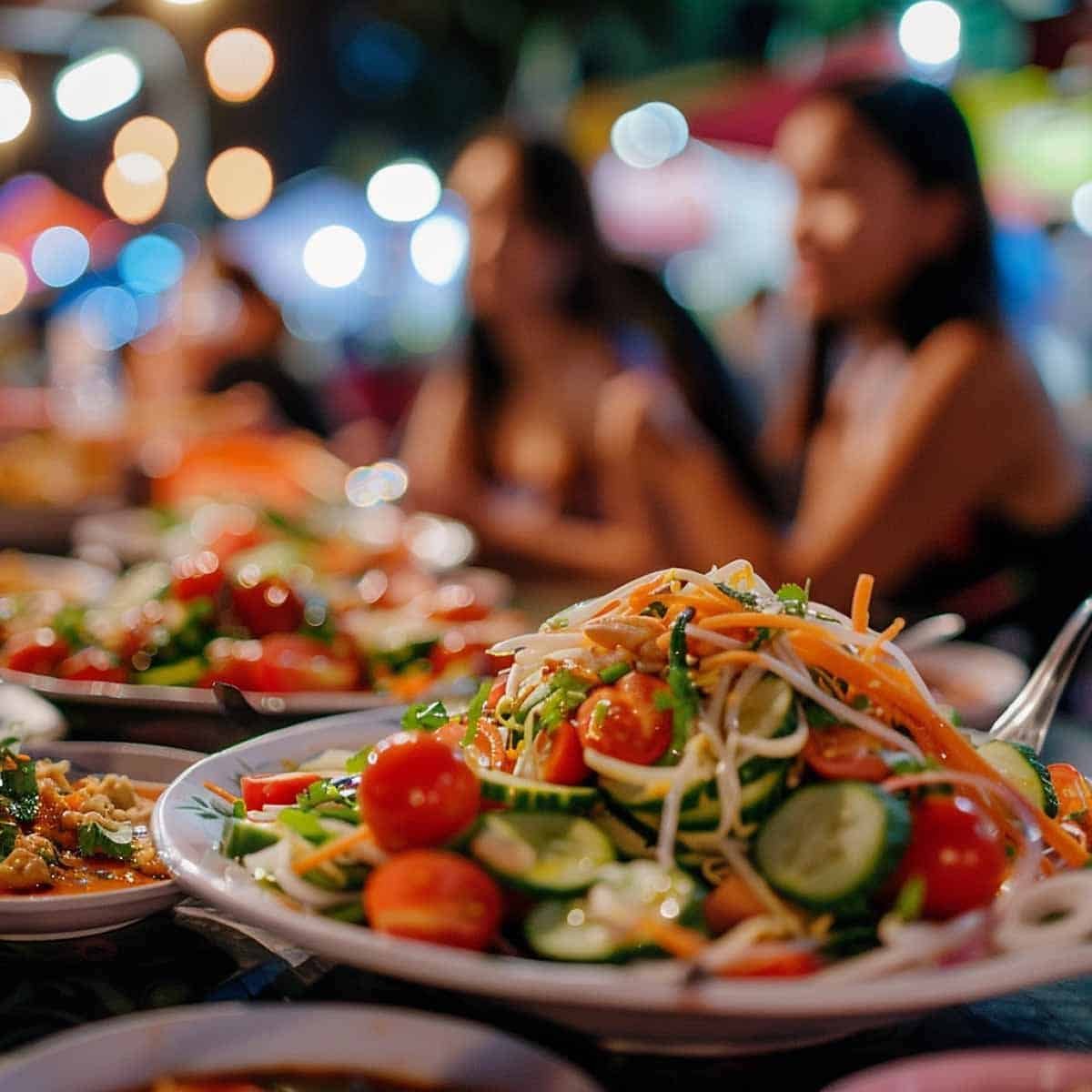 Group of friends enjoying Thai Cucumber Salad (Som Tum Tang) at a lively Thai night market