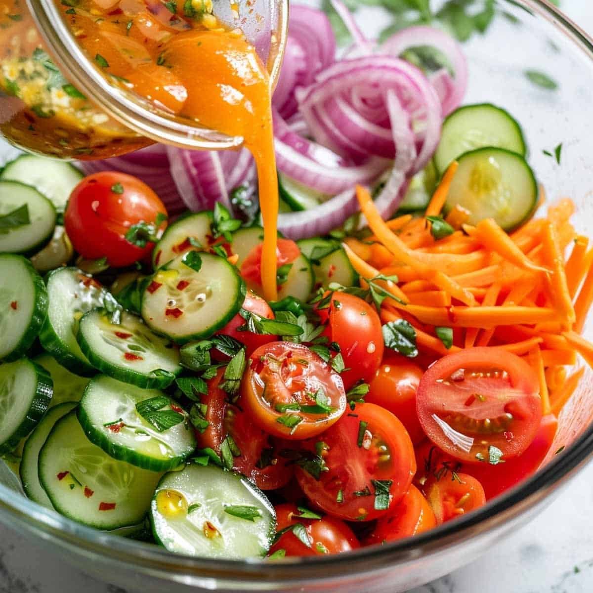 Salad dressing being poured over Thai Cucumber Salad, coating the fresh ingredients evenly