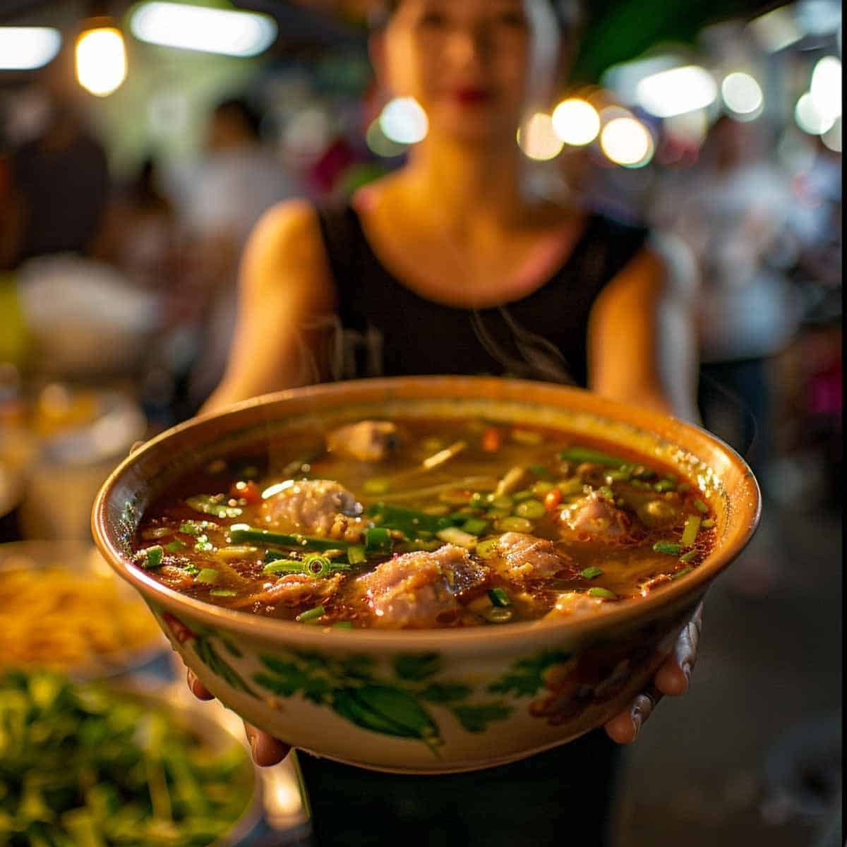  woman serving a Bow of Tom Saap (Thai Pork Rib Soup) served at a Thai night market