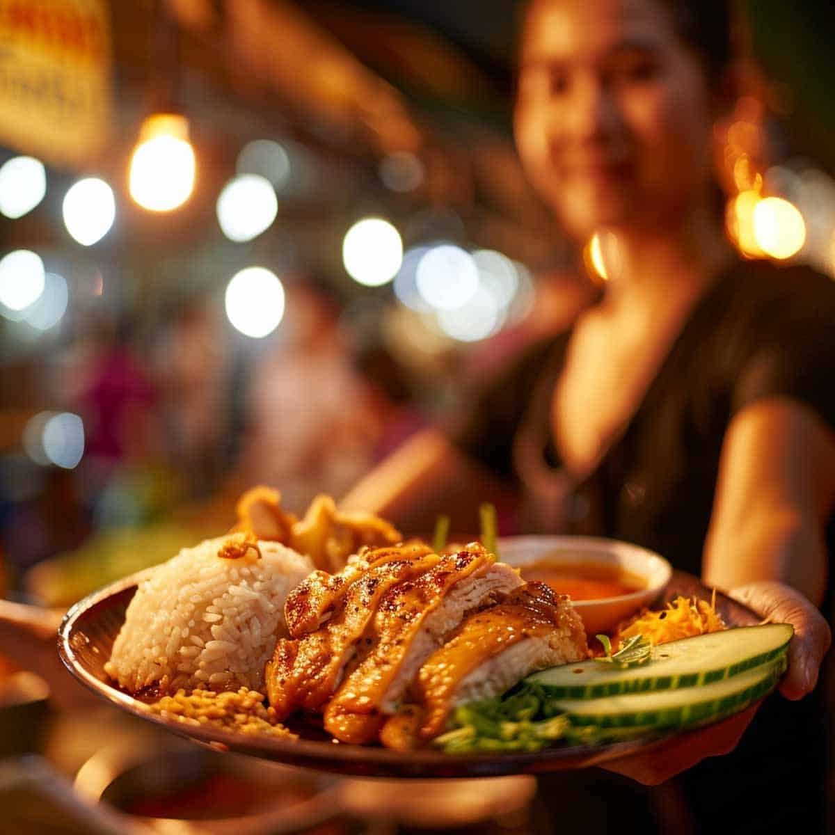 Thai woman serving a plate of Khao Man Gai, Thai-style chicken and rice.