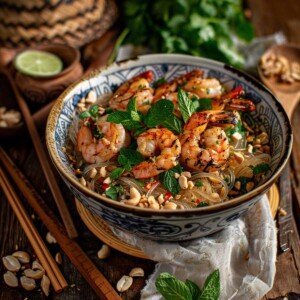 Bowl of glass noodle salad on a table with chopsticks placed beside it, ready to eat.