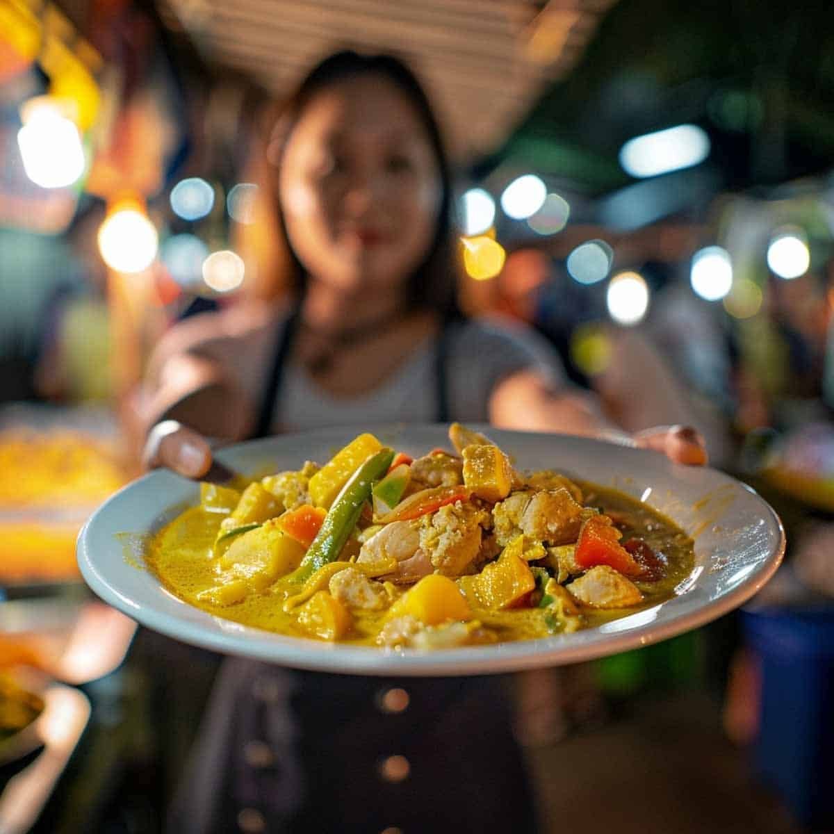 Thai woman serving a bowl of Gaeng Garee (Yellow Curry) at a Thai night market