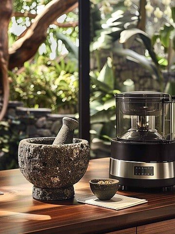 Mortal and Petal siting next to a food processor on wooden counter top