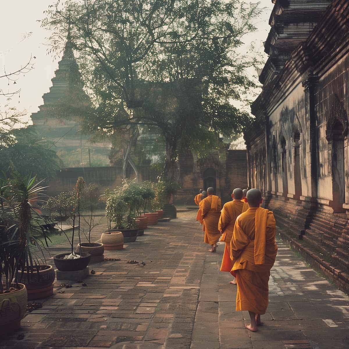 Thai Monks walking in a line at temple