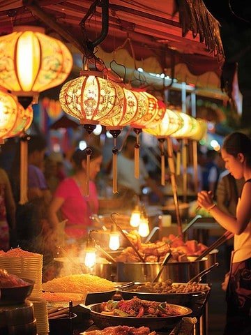 Woman cooking food at Thai night market