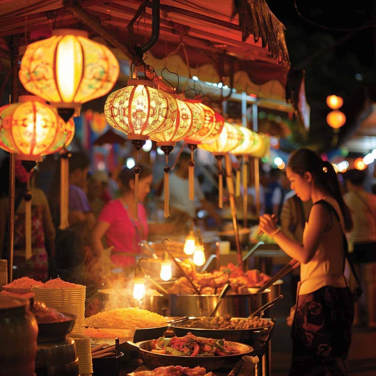 Woman cooking food at Thai night market