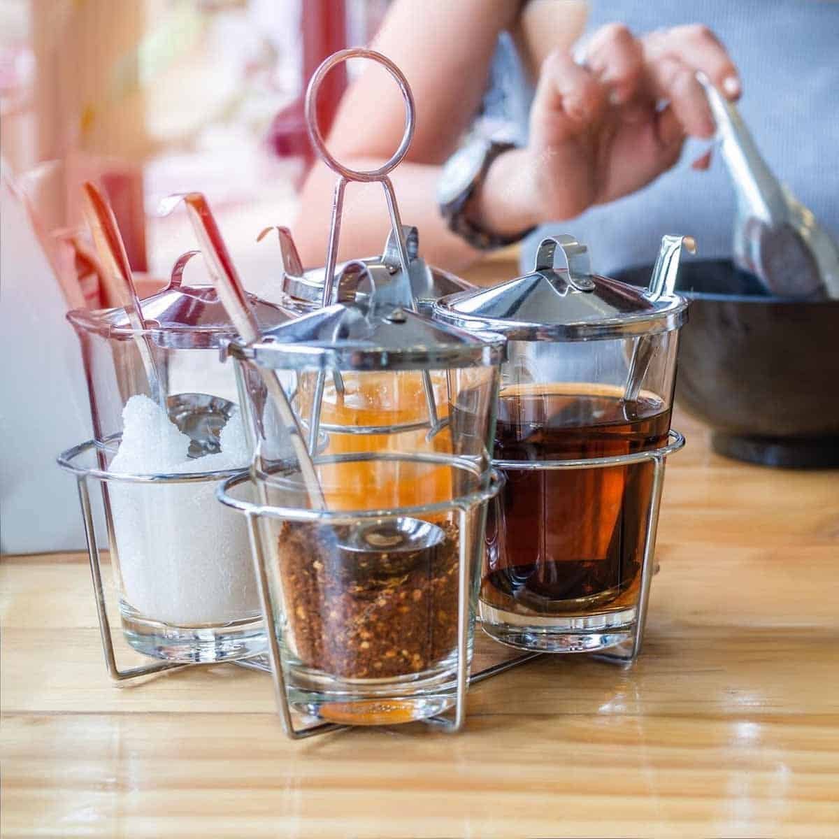 Thai Spice Tray sitting on a table in resturant