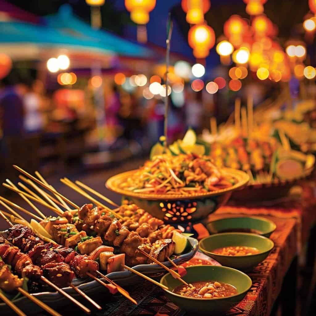 plates of traditional thaio food on a table at a night market