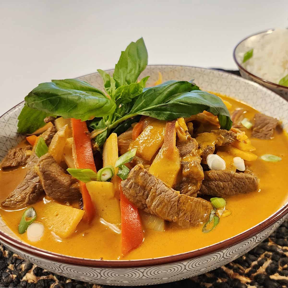 Thai Beef Red Curry with bowl of rice