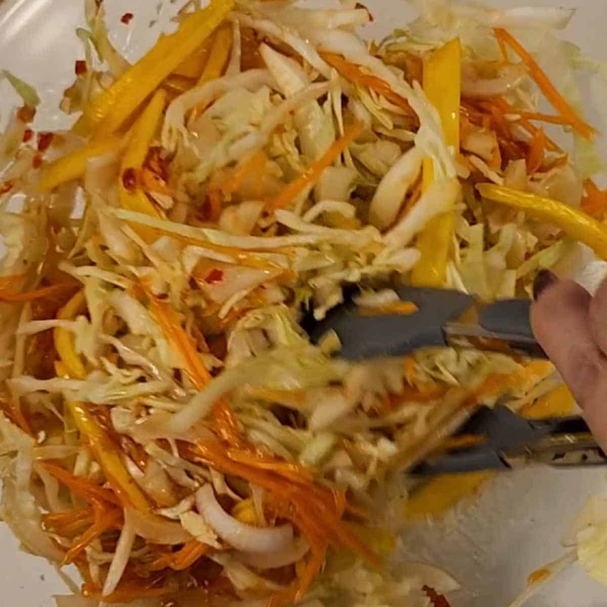 Mixing dressed coleslaw in glass bowl